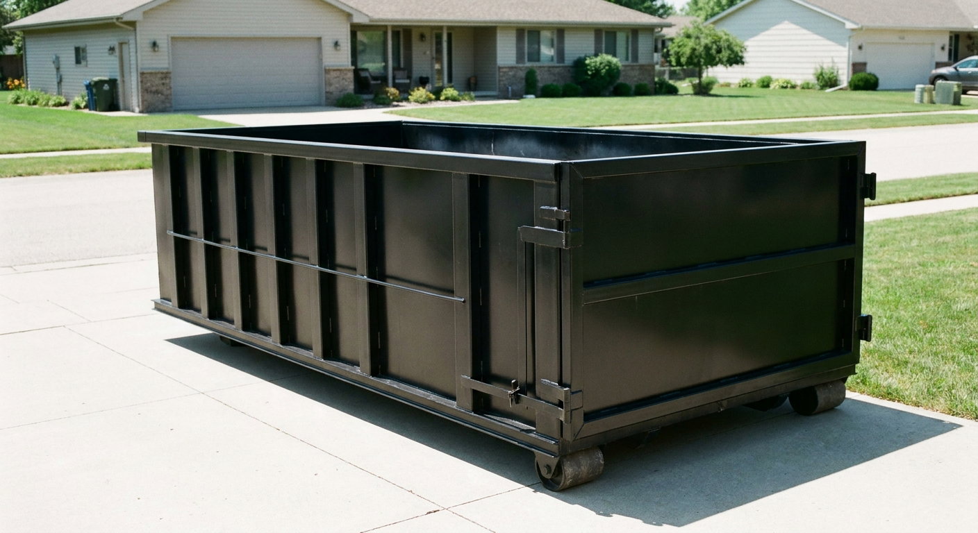 Matte-black 10-yard roll-off dumpster on a residential concrete driveway in Mission Viejo, uniformly painted matte black across every panel and rail, ribbed steel sidewalls and rear swing door visible, mid-day daylight.