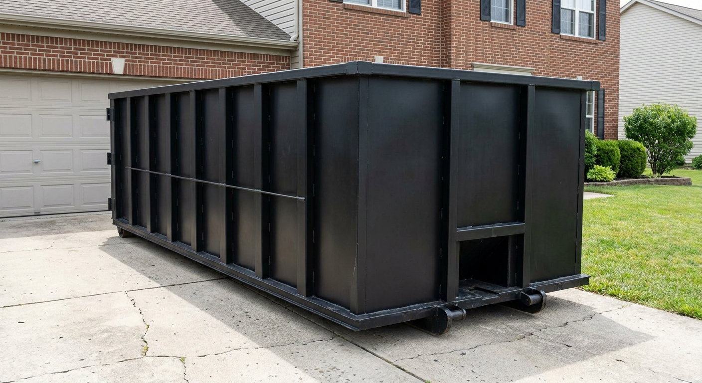 Matte-black 20-yard roll-off container on a Mission Viejo residential concrete driveway with reinforced ribbed steel sidewalls and a hinged rear walk-in door, clean bright daylight.