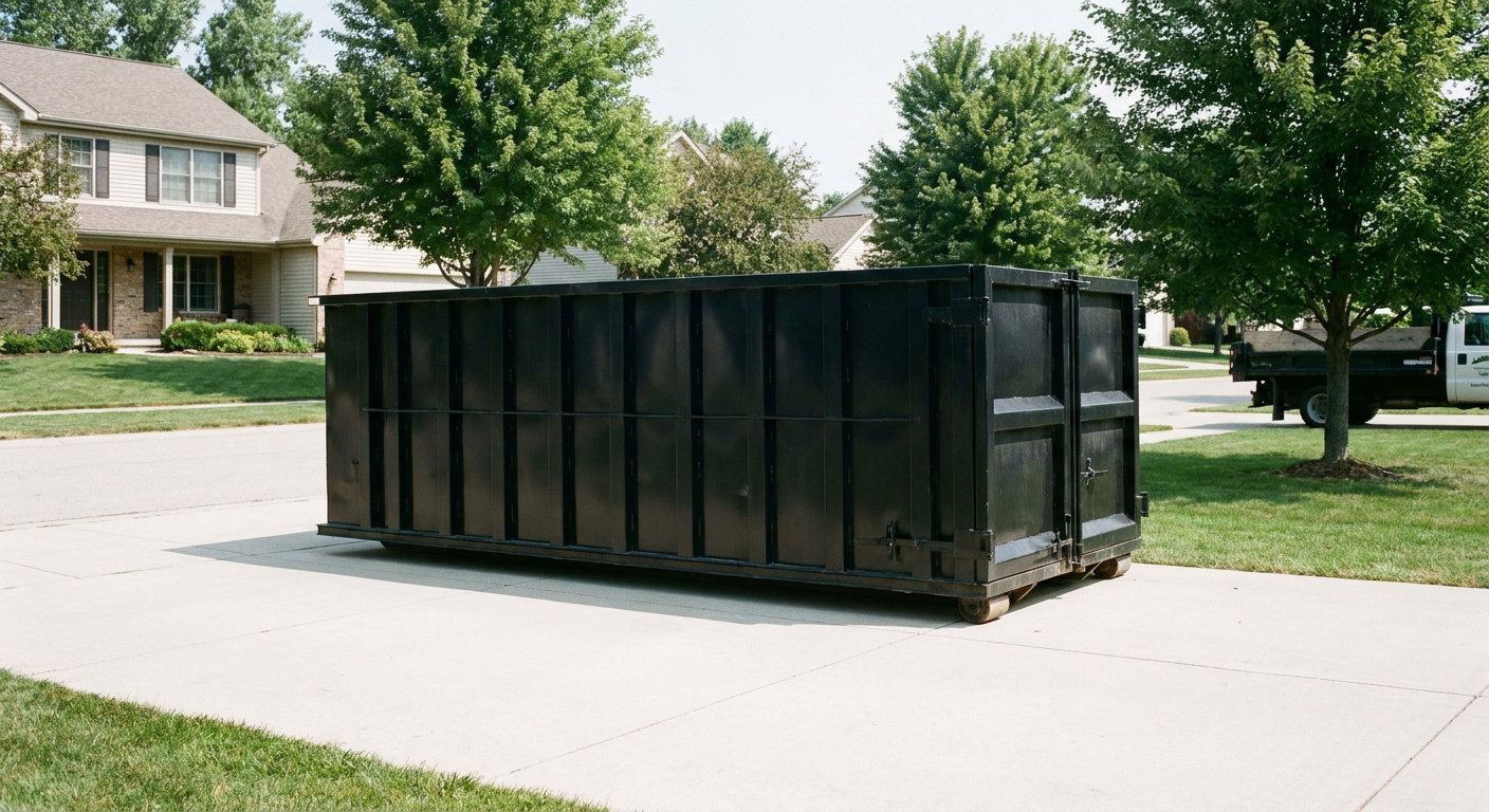 Matte-black 20-yard roll-off dumpster sitting level on a clean Mission Viejo residential concrete driveway under bright daylight, demonstrating clean placement directly on the concrete.