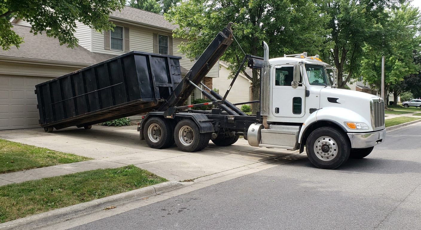 White-cab hooklift roll-off truck actively lowering a matte-black dumpster onto a Mission Viejo residential concrete driveway, the dumpster's rear wheels touching the driveway as the hoist arm tilts the bed forward, mid-morning daylight.